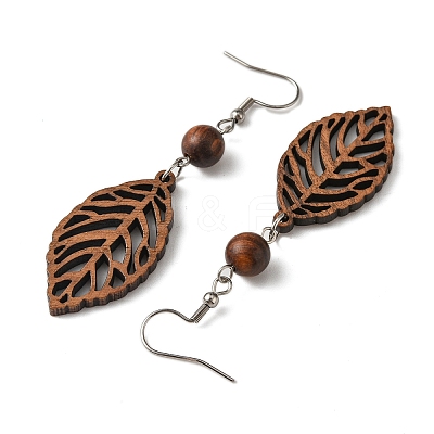 Leaf Natural Walnut Wood Dangle Earrings for Women EJEW-JE06101-01-1