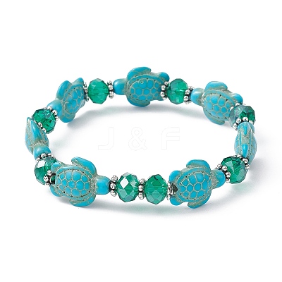 Synthetic Turquoise Turtle & Glass Beaded Stretch Bracelet BJEW-JB09763-1