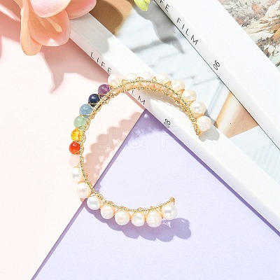 Natural Pearl Bead & Mixed Gemstone Beads Cuff Bangles for Women Girl Gift BJEW-JB06826-03-1