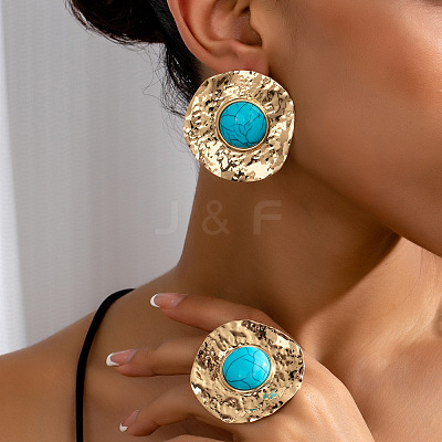 Flat Round Alloy & Synthetic Turquoise Ring & Stud Earring Sets FS-WG73FC1-02-1