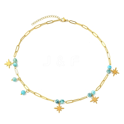304 Stainless Steel Paperclip Chain Star Pendant Necklaces with Natural Hemimorphite Beads for Women NJEW-JN06251-02-1
