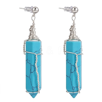 Synthetic Turquoise Bullet Dangle Stud Earrings EJEW-PH01406-02-1