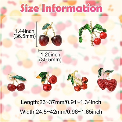 6Pcs 6 Styles 3D Resin Cherry Brooch Pin with Rhinestone JEWB-CJ0001-32-1