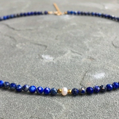 Faceted Round Natural Lapis Lazuli & Natural Freshwater Pearl Beaded Necklaces for Women FS-WGC44BB-01-1