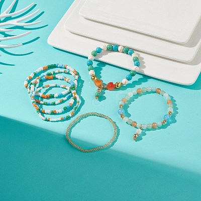 7Pcs 7 Style Natural Dyed Malaysia Jade & Agate & Glass Seed Beaded Stretch Bracelets Set BJEW-JB08892-01-1