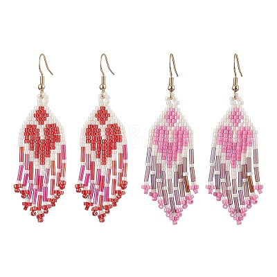 2 Pairs Heart Glass Seed Beaded Tassel Dangle Earrings for Women EJEW-MZ00201-1