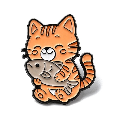 Cat with Fish Enamel Pins JEWB-I055-05EB-07-1