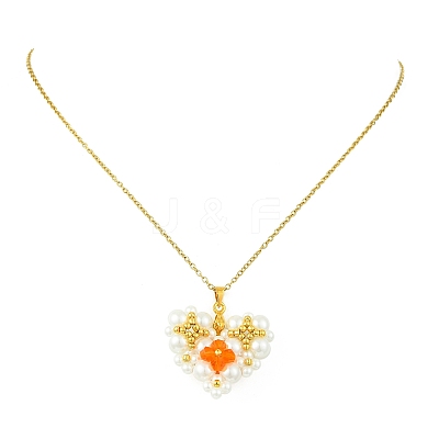 Imitate Austrian Crystal Bicone Glass & Glass Pearl Beaded Heart Pendant 304 Stainless Steel Cable Chain Necklaces for Women NJEW-MZ00154-1