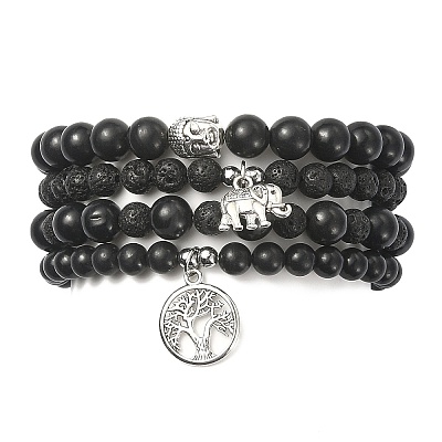 Natural Shungite & Lava Rock Round Beaded Bracelets Sets BJEW-JB09542-1