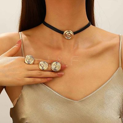 Spiral Round Alloy with Imitation Leather Choker & Stud Earring & Ring Sets for Women FS-WG641D5-05-1