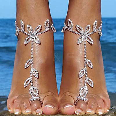 Leaf Alloy Crystal Rhinestone Toe Ring Anklets for Women FS-WGEBB2B-01-1