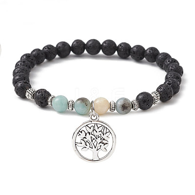 Natural Lava Rock & Natural Flower Amazonite Gemstone Round Beaded Stretch Bracelet BJEW-JB09767-04-1