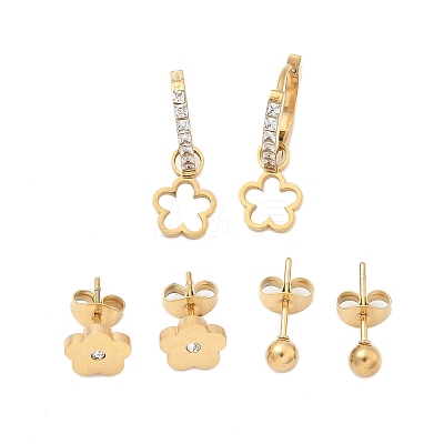 304 Stainless Steel Rhinestone Flower & Round Earring Sets EJEW-Z098-12G-1