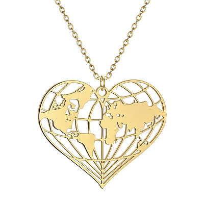 201 Stainless Steel Heart with Map Pendant Necklaces for Women FS-WGB4230-01-1