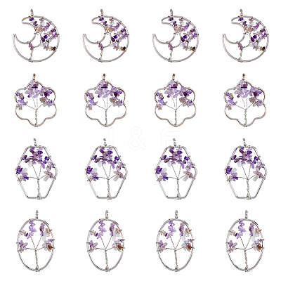 8Pcs 4 Styles Flower & Moon & Oval & Hexagon Natural Amethyst Copper Wire Wrapped Chip Big Pendants G-DC0001-26-1