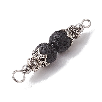 Natural Lava Rock Round Beaded Connector Charms PALLOY-JF02715-1