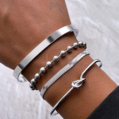 4Pcs 304 Stainless Steel Chain Bracelets & Cuff Bangles Sets for Women Men BJEW-F505-02P-1