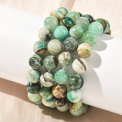 Natural Green Line Jasper Round Beaded Stretch Bracelets for Women BJEW-F535-02C-1