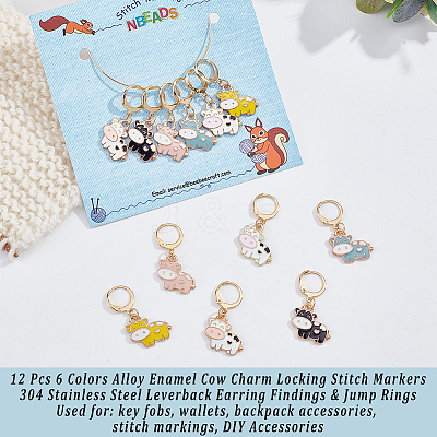 12Pcs 6 Colors Alloy Enamel Cow Charm Locking Stitch Markers HJEW-PH01533-1