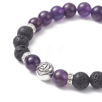 Natural Lava Rock & Mixed Gemstone & Alloy Rose Beaded Stretch Bracelets BJEW-JB09401-1