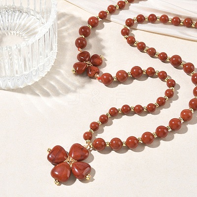 Saint Patrick's Day Natural Red Jasper Clover Pendant Round Beaded Necklaces with Brall Heart OT Clasps NJEW-G202-02G-04-1