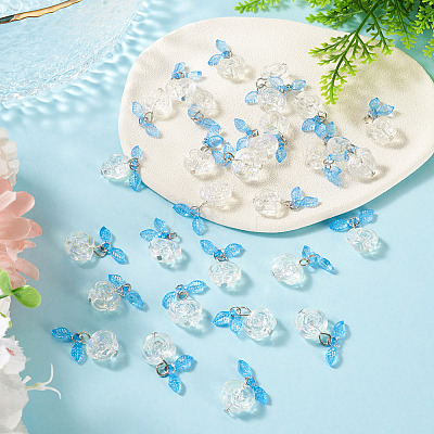 30Pcs Transparent Glass Flower Pendants with Deep Sky Blue Acrylic Leaf PALLOY-TAC0241-1