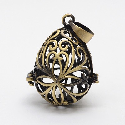 Filigree Teardrop Brass Cage Pendants KK-N0093-09AB-RS-1