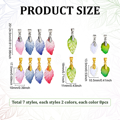 112Pcs 14 Styles Baking Paint Glass Leaf Shape Pendants PALLOY-PH01921-1