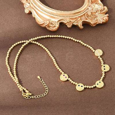 Brass Micro Pave Colorful Cubic Zirconia Smiling Face Round Beaded Bib Necklaces for Women NJEW-F364-07A-G-1