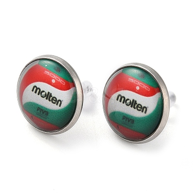 Sport Balls Glass & 304 Stainless Steel Stud Earrings for Women EJEW-H005-01P-08-1