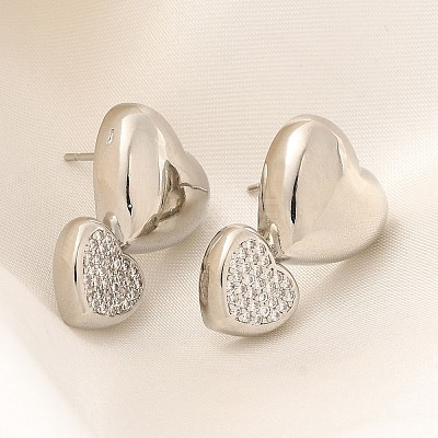 Rack Plating Heart Brass Micro Pave Clear Cubic Zirconia Stud Earrings EJEW-H143-26P-1