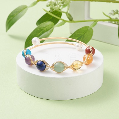 Mixed Stone & Natural Pearl Beads Wire Wrapped Cuff Bangle BJEW-JB07507-1