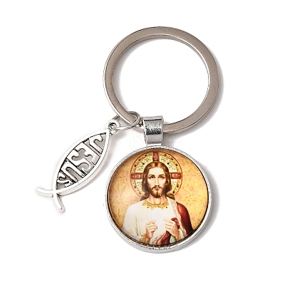 I Love Jesus Symbol Glass Pendant Keychain with Alloy Jesus Fish Charm LS-KEYC-G058-01E-1