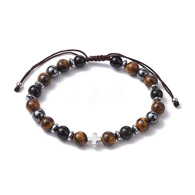 Natural Tiger Eye & Obsidian Round & Brass Cross Braided Bead Bracelets BJEW-JB09704-01-1