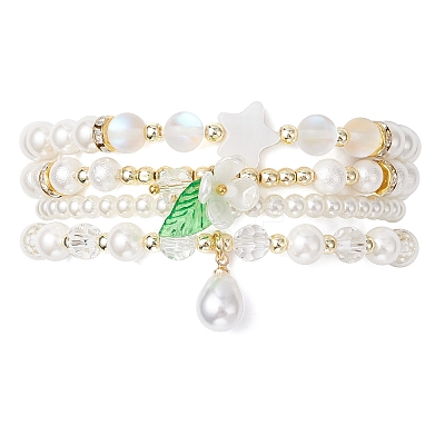 4Pcs 4 Styles Shell Pearl Round Beads Stretch Bracelets BJEW-JB12098-1