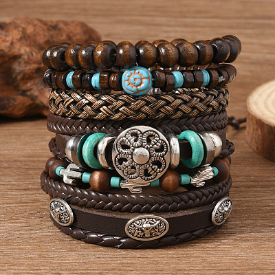 6Pcs 6 Styles Wood & Synthetic Turquoise Beaded Stretch Bracelets & Alloy Synthetic Turquoise Link Bracelets & Retro PU Leather Cord Bracelets for Men's FS-WG129F8-09-1