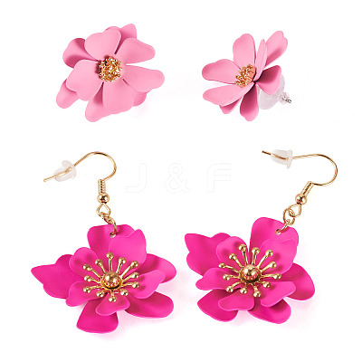 2 Pairs 2 Styles Iron Flower Dangle Earrings and Sweet and Stylish Multi-layer Petal Flower Stud Earrings EJEW-TA0001-80A-1