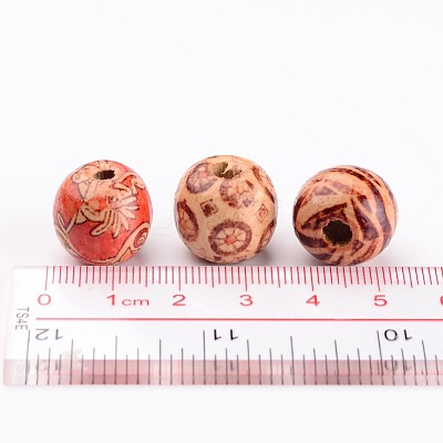 Round Printed Natural Wood Beads X-WOOD-R243-16mm-M2-1