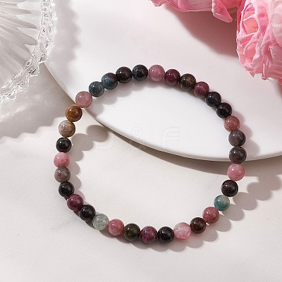 Round Natural Multicolor Tourmaline Beads Stretch Bracelets for Women Men BJEW-JB13524-1