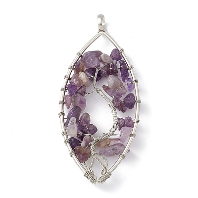 Leaf Natural Amethyst Copper Wire Wrapped Chip Big Pendants G-E195-01P-02-1