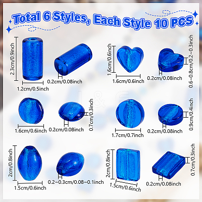 60Pcs 6 Styles Handmade Silver Foil Lampwork Beads FOIL-PH0001-01-1