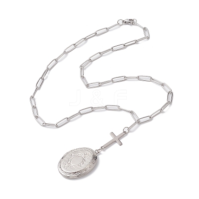 Brass Cross & Oval Locket Pendant Necklaces NJEW-JN04960-1