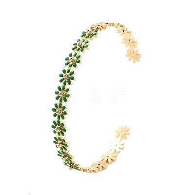 304 Stainless Steel Enamel Flower Open Cuff Bangles for Women BJEW-S152-01G-02-1