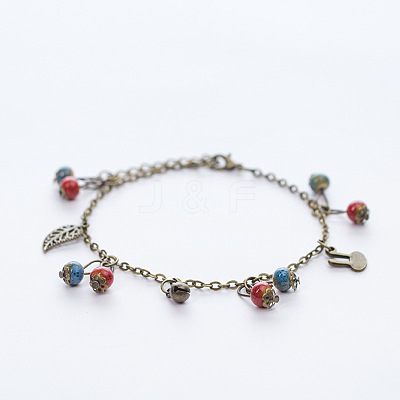 Vintage Alloy Bell Leaf and Porcelain Rondelle Beads Tassel Anklets for Women FS-WG4AD9F-01-1