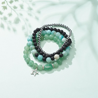 4Pcs 4 Style Natural Green Aventurine & Lava Rock & Synthetic Hematite Stretch Bracelets Set BJEW-JB08481-1