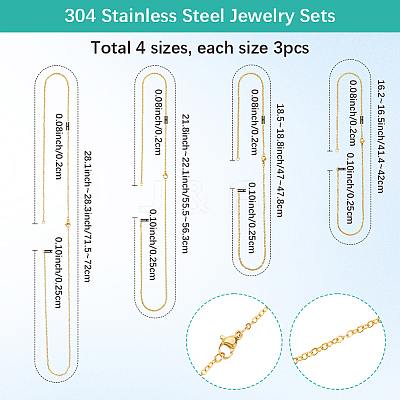 12Pcs 4 Styles 304 Stainless Steel Cable Chain Necklace Making STAS-SC0010-23G-1