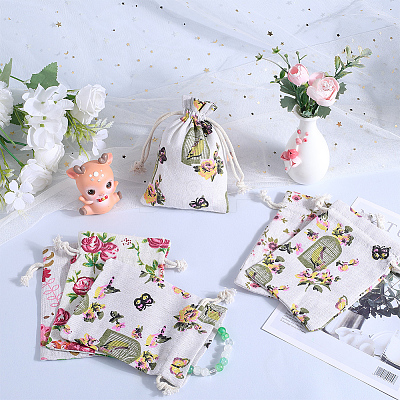 4 Styles Flower Print Burlap Packing Pouches ABAG-BBC0001-03B-1