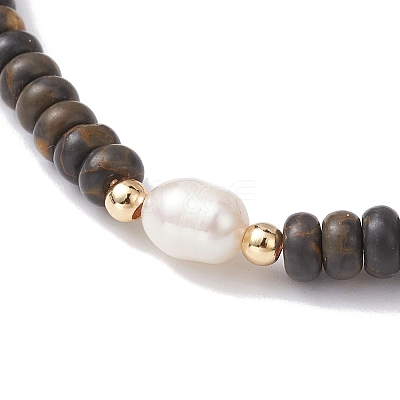 Natural Coffee Jasper Rondelle & Pearl Beaded Stretch Bracelets BJEW-JB09918-02-1