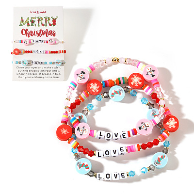 3Pcs Christmas Theme Handmade Polymer Clay & Glass Bicone Beads Stretch Bracelet Sets QY3550-9-1