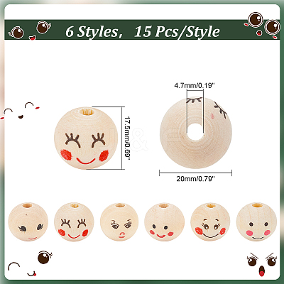 90Pcs 6 Styles Printed Wood European Beads WOOD-PH0002-89-1